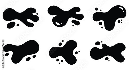A collection of six black ink blotches on a white background silhouette