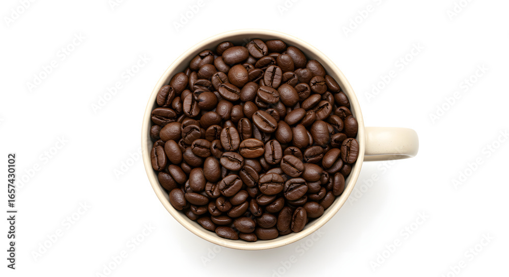 Fototapeta premium Overhead view of a mug filled to the brim with roasted coffee beans.