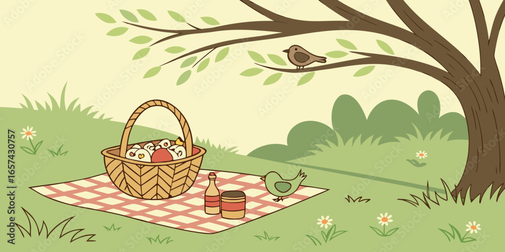 Fototapeta premium Cartoon picnic scene illustration with basket of food under tree branch and birds in nature scene stock photo on transparent background