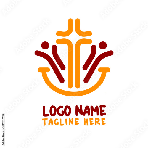 Religious logo with cross, anchor shape, and abstract people figures symbolizing faith, unity, and hope in vibrant red and orange colors.