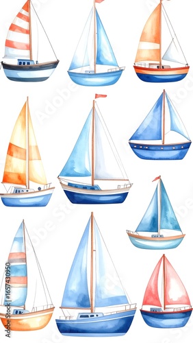 Twelve watercolor sailboat illustrations, various colors and sizes, on white background