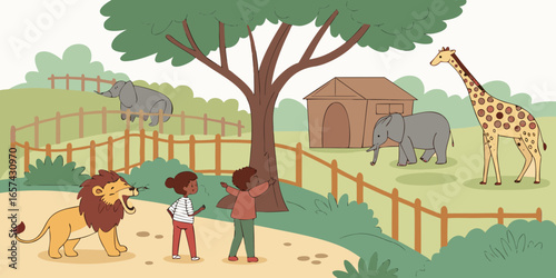 Illustration of a zoo with animals and children viewing lion elephant and giraffe drawing style vector art stock photo on transparent background
