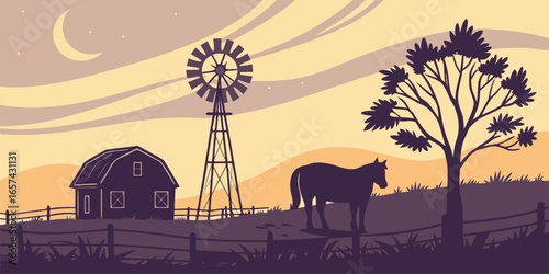 Farm landscape with barn horse windmill and moon in silhouette vector illustration design concept art stock photo on transparent background