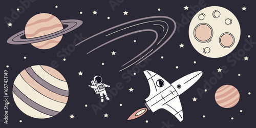 Cartoon space adventure with astronaut planets and rocket ship for kids and space enthusiasts stock photo on transparent background