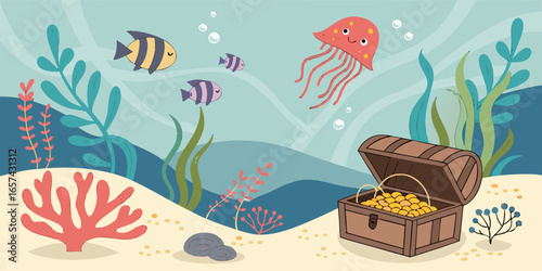 Explore underwater world with treasure chest jellyfish and fishes cartoon illustration vector drawing art stock photo on transparent background