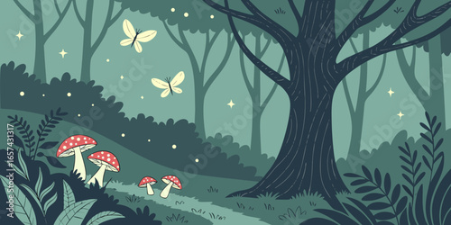 Enchanted forest illustration with mushrooms butterflies and stars digital art nature scene background art stock photo on transparent background
