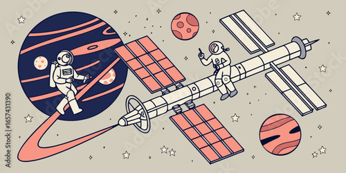 Astronauts exploring space station with planets and stars in outer space vector illustration art stock photo on transparent background