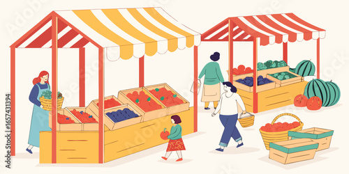 Illustration of a farmers market with fresh produce and people shopping for healthy food and local goods stock photo on transparent background