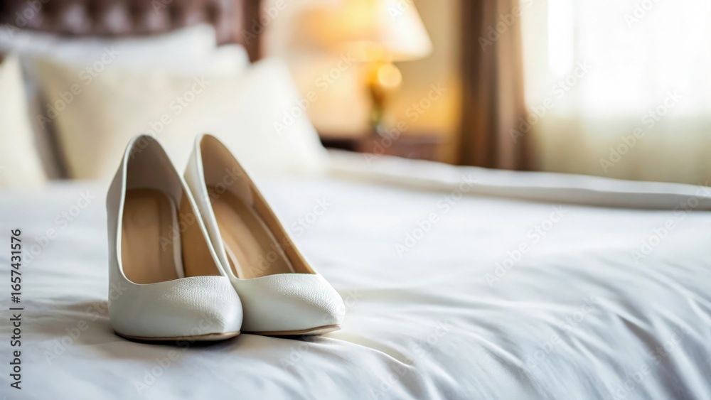Wedding shoes resting gently on bed — reflecting joy and preparation for the big day Wedding shoes resting gently on bed — reflecting joy and preparation for the big day