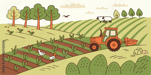 Cartoon farm landscape with tractor sheep ducks and trees in a rural agriculture countryside setting view scene stock photo on transparent background