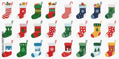 A large collection of colorful Christmas stockings with festive patterns, filled with gifts and candy canes for the holiday season.