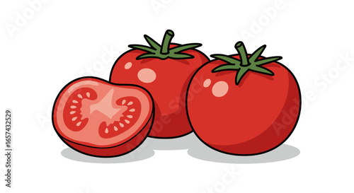High-quality vector PNG illustration of two whole red tomatoes and one sliced tomato half, perfect for food blogs, restaurant menus, and healthy eating campaigns.