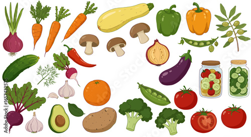 A vibrant collection of fresh and pickled vegetables, including juicy tomatoes, rendered in a clean, isolated vector art style, perfect for various design projects.