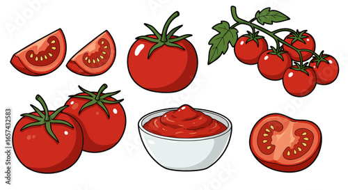 Vibrant vector PNG illustrations of tomatoes: whole, sliced, and as a ketchup in a bowl, perfect for culinary designs, food blogs, and packaging.