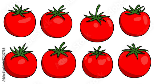 A vibrant collection of fresh, ripe red tomatoes depicted in a clean, isolated cartoon vector illustration style, perfect for various design projects.