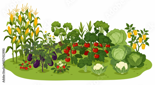 Vibrant vegetable garden illustration featuring ripe tomatoes, broccoli, cabbage, cauliflower, eggplant, corn, and bell peppers growing in fertile soil.