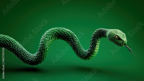 Minimalist 3D render of long green snake hanging on solid color background with sharp details