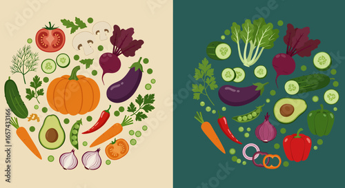 Vibrant vector illustration showcasing a colorful assortment of fresh vegetables arranged in a visually appealing circular composition, perfect for culinary or health-related designs.