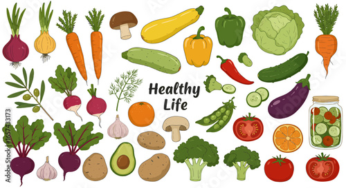 A vibrant collection of fresh, healthy vegetables and fruits, perfect for illustrating healthy eating and a balanced lifestyle with a clean vector design.