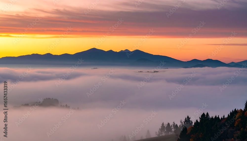 Obraz premium Majestic mountains piercing through a sea of fog under a vibrant sunrise sky painting the horizon