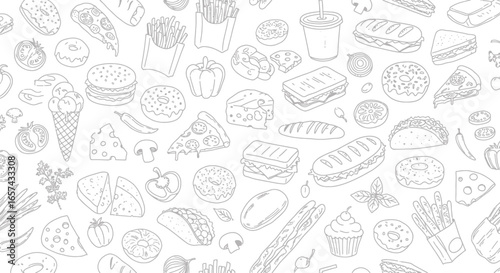 A detailed vector illustration showcases a variety of delicious food items, including a tomato, in a seamless pattern, perfect for culinary designs and backgrounds.