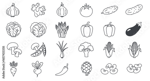 A versatile collection of simple vector line art icons showcasing various healthy vegetables, including a tomato, ideal for web design, apps, and educational materials.