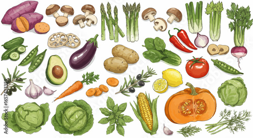Vibrant vector PNG illustrations of fresh vegetables and herbs, perfect for healthy food branding, cooking blogs, and cookbook designs.  These high-quality images are ideal for adding a touch of