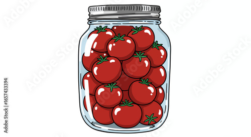 High-quality vector PNG image of a mason jar filled with ripe red tomatoes, perfect for food blogs, labels, and packaging design.  Download this vibrant illustration for your projects today!