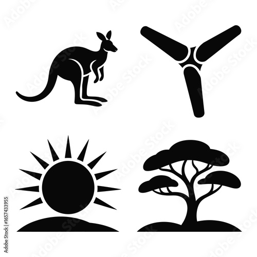 Four australian icons kangaroo wind turbine sun and tree silhouette