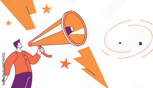 Vector art of a man with a megaphone announces a new trend, surrounded by stars and modern design elements