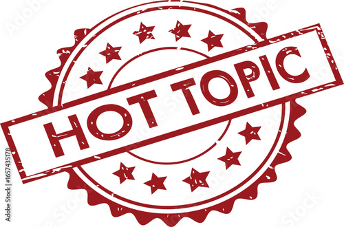 Vector art of a red hot topic stamp with stars and grunge texture isolated on white background