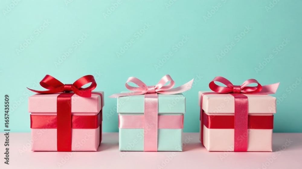 Obraz premium Three pastel-colored gift boxes with vibrant ribbon bows, arranged in a row on a soft pink surface against a tranquil aqua backdrop, symbolizing celebration and thoughtful presents