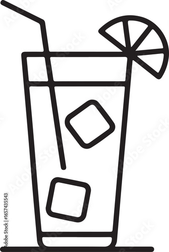 Simple outline icon of a tall glass filled with ice cubes and a lemon slice