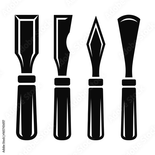 Set of four woodworking chisels in silhouette