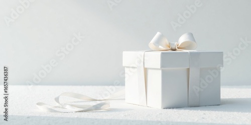 A pristine white gift box with a delicate satin ribbon, a symbol of elegance and thoughtful presentation, rests on a textured white surface bathed in soft light