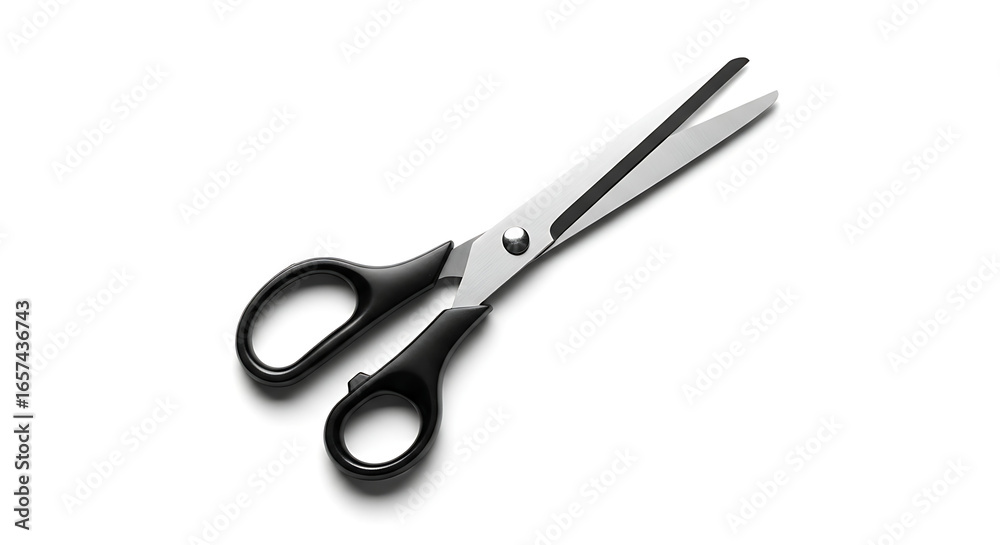 A pair of open scissors with black handles and silver blades on a white surface in a studio shot A pair of open scissors with black handles and silver blades on a white surface in a studio shot