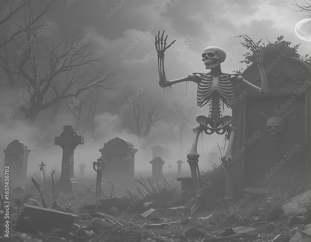 Obraz premium Creepy Cemetery in Black and White with a Grim Reaper