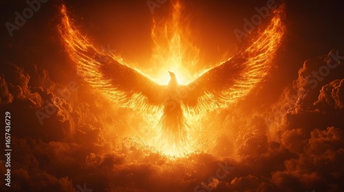 Phoenix rising in bright, fiery light and clouds