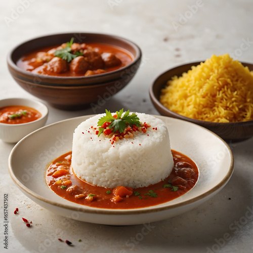 Delicious indian curry dish with rice and flavorful sauce on plate