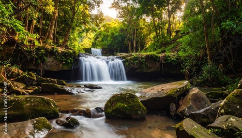 Serene Waterfall with Lush Forest.