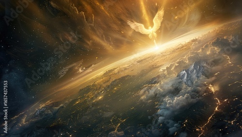 Angel descends, sunrise over Earth, cosmic background, faith hope poster