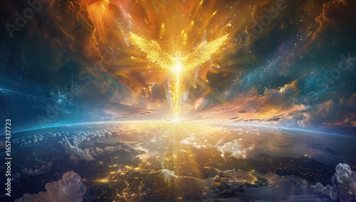 Golden Angel Descending, Heavenly Sunset, Earth Below, Spiritual Artwork, Faith Concept
