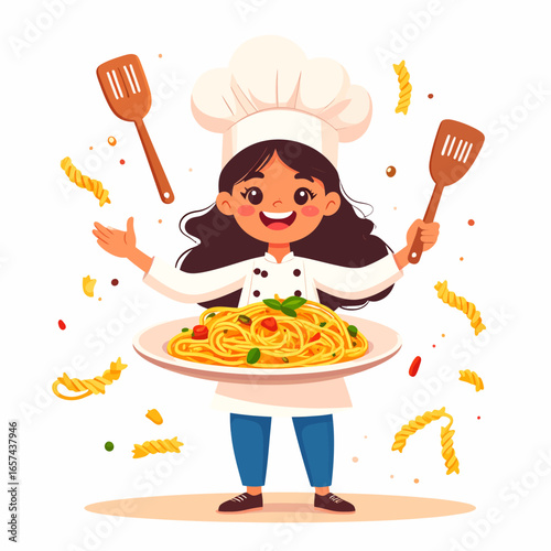 Creative Chef Girl Joyfully Presents a Delicious Plate of Spaghetti with Kitchen Utensils and Pasta Flying Around
