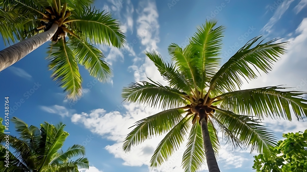 Obraz premium Lush Palm Trees Against a Vibrant Sky Filled with Clouds