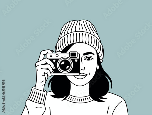 A striking black and white line art illustration of a woman holding a film camera, with a confident and engaged expression.