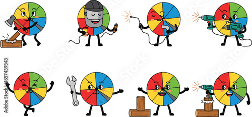 Colorful pinwheel cartoon characters working with tools, welding, drilling, axe chopping, active construction workers, cheerful diy project, handyman vector illustration, creative teamwork