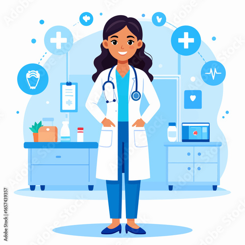 Professional female doctor with stethoscope in modern clinic, representing healthcare and medical expertise.