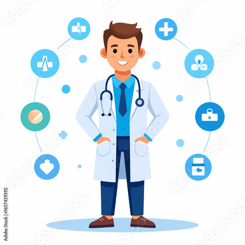Confident male doctor surrounded by medical icons representing healthcare services and well-being