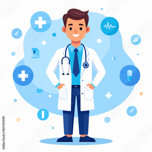 Smiling Doctor with Medical Icons and Blue Background