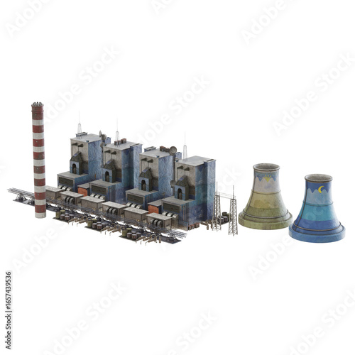 Industrial factory model with cooling towers.